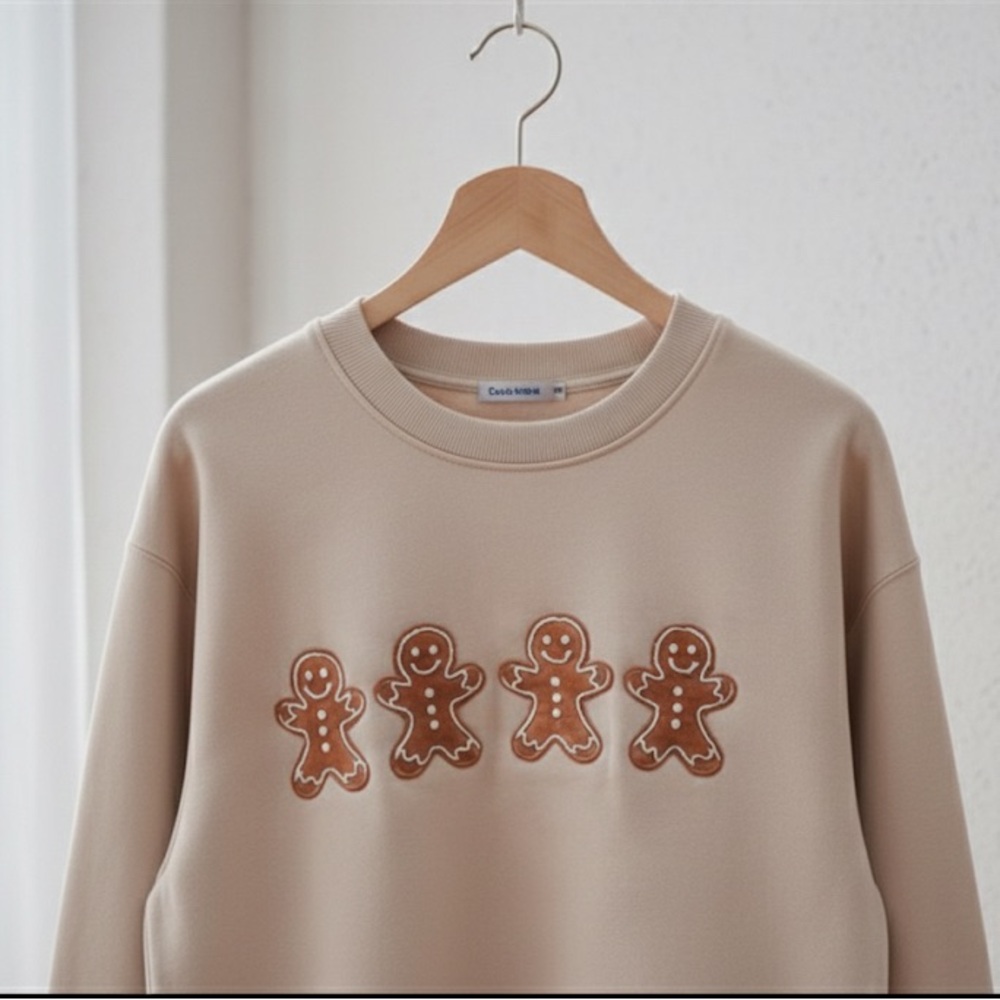Gildan Tan Crew Neck Sweater with Gingerbread Motif